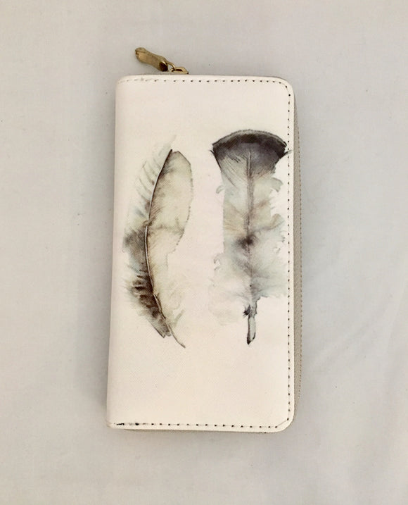 Cream with 2 Feathers Design PU Leather Wallet