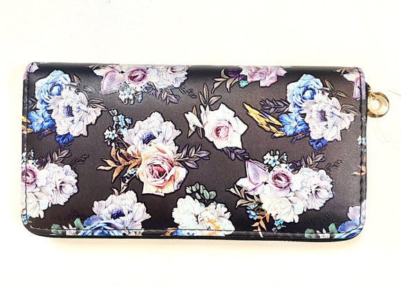 Beautiful Flower Design PU Leather Wallet with Black Background