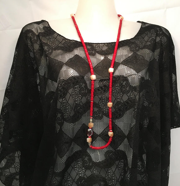 Single Strand Red Coral Look Necklace with Crystal 87 cm