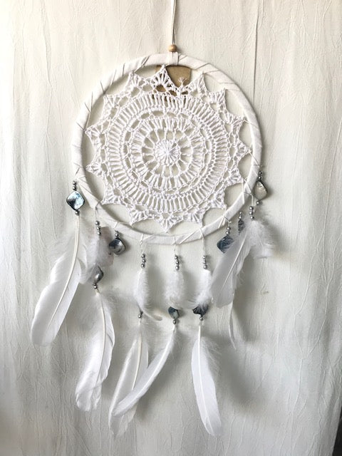 White Crochet with Mother of Pearl Dream Catcher