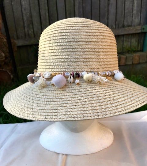 Ladies Womens Summer Shapable Floppy Cream Bucket Hat Sun Hat with Beaded Tie