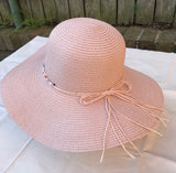 Ladies Womens Summer Shapable Floppy Pink Sun Hat with Beaded Tie