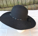 Ladies Womens Summer Shapable Floppy Black Sun Hat with Beaded Tie