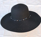 Ladies Womens Summer Shapable Floppy Black Sun Hat with Beaded Tie