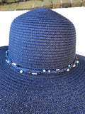 Ladies Womens Summer Shapable Floppy Navy Blue Sun Hat with Beaded Tie