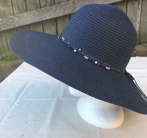 Ladies Womens Summer Shapable Floppy Navy Blue Sun Hat with Beaded Tie