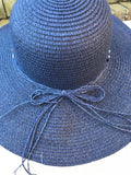 Ladies Womens Summer Shapable Floppy Navy Blue Sun Hat with Beaded Tie