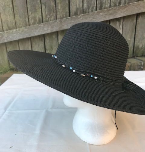 Ladies Womens Summer Shapable Floppy Black Sun Hat with Beaded Tie