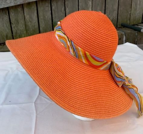 Ladies Womens Summer Shapable Floppy Orange Sun Hat with Stripe Print Scarf Tie