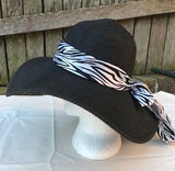 Ladies Womens Summer Shapable Floppy Black Sun Hat with Zebra Print Scarf Tie