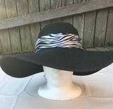 Ladies Womens Summer Shapable Floppy Black Sun Hat with Zebra Print Scarf Tie