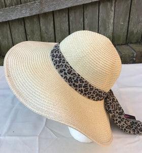 Ladies Womens Summer Shapable Floppy Cream Sun Hat with Cheetah Print Scarf Tie