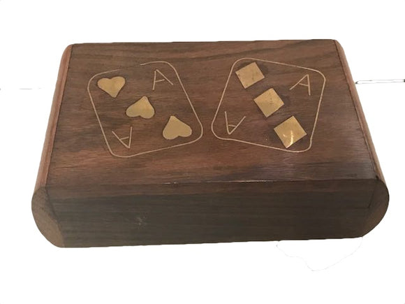 Wooden Ace of Diamonds playing card box with Pack of cards