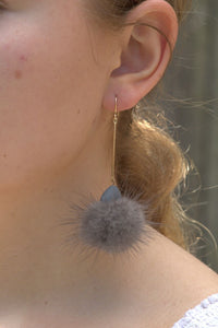 Grey Coloured Puff Ball Pom Pom Gold Nickel Free Earrings