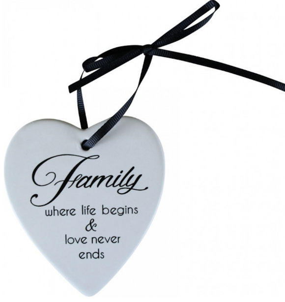 Ceramic Hanging Heart - Family where life begins & Love never ends  up