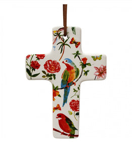 Ceramic Hanging Cross - Parrot with Flowers