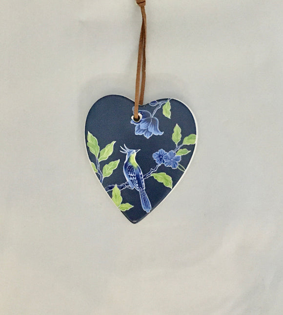 Ceramic Hanging Heart - ‘Best Wishes’ Bird with Flowers Navy