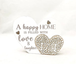 Double Love Heart White/Natural Wooden Sign/Decoration “A Happy Home Is Filled With Love & Laughter” ~ Home With Trees