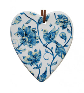 Ceramic Hanging Heart - ‘Best Wishes’ Blue Flowers with Bird Pattern