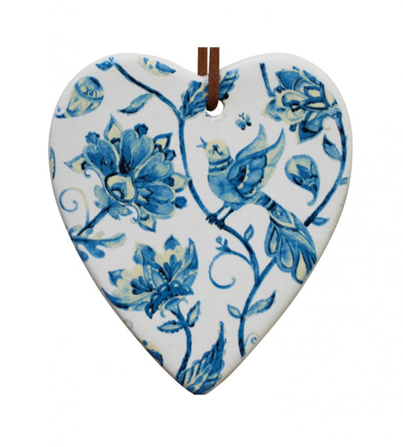 Ceramic Hanging Heart - ‘Best Wishes’ Blue Flowers with Bird Pattern