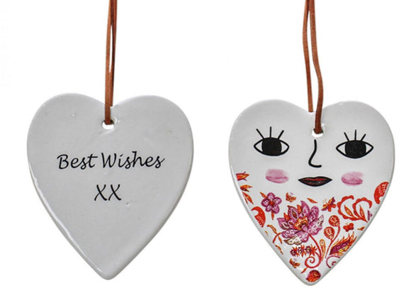 Ceramic hanging Heart - “Best Wishes” XX Heart Smiling Face Red Vintage
