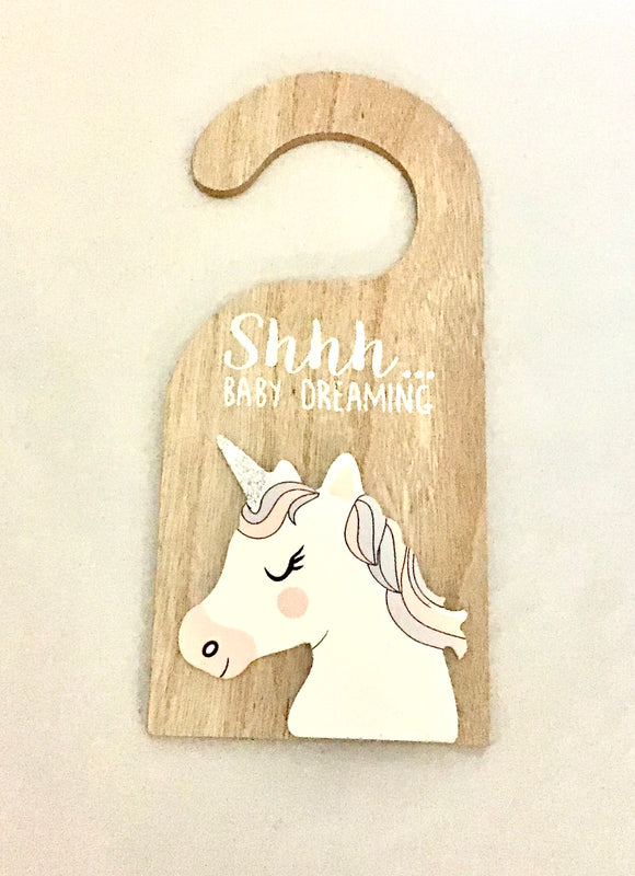Unicorn door tag - ‘Shhh...Baby Dreaming’ fibreboard