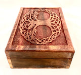 Wooden Box Jewellery Trinket Hand Carved Elephant Tree/Flower of Life Skull