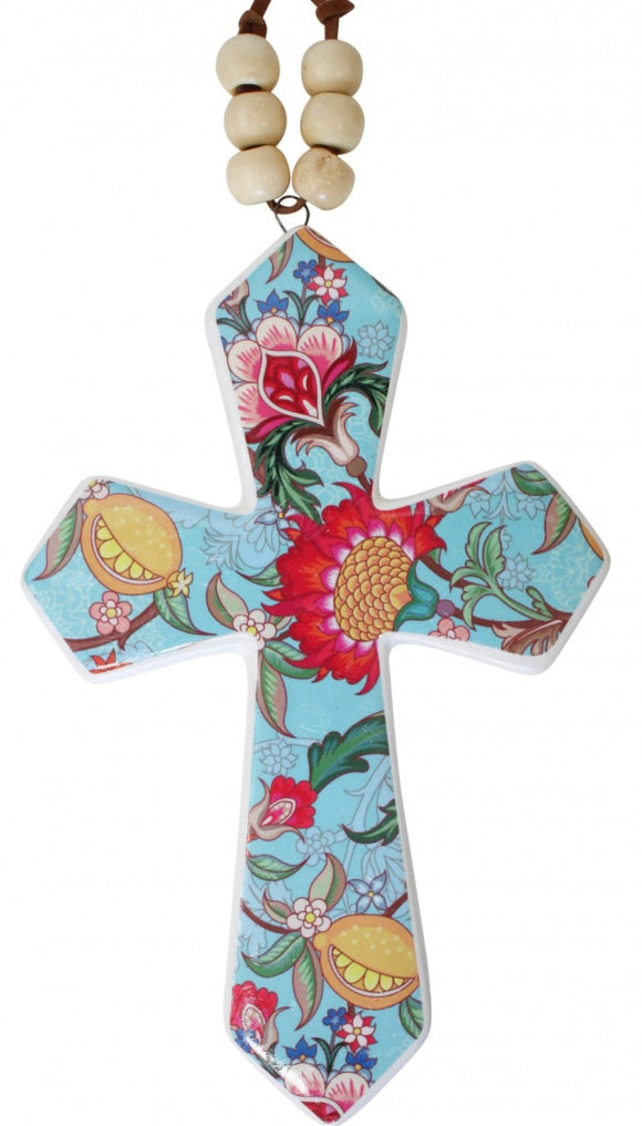 Ceramic Hanging Cross with Beads - Wild Flowers Turquoise