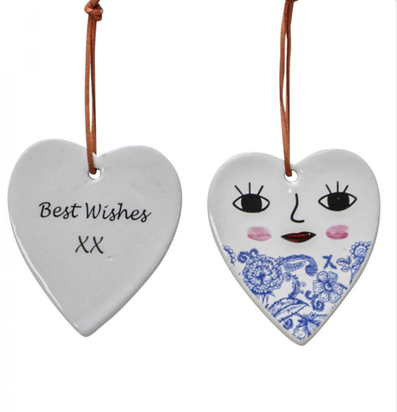 Ceramic Hanging Heart - ‘Best Wishes’ XX Heart Smiling Face Blue Vintage