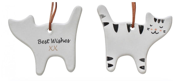 Ceramic Hanging Cat Gift Tag Tabby - Best Wishes