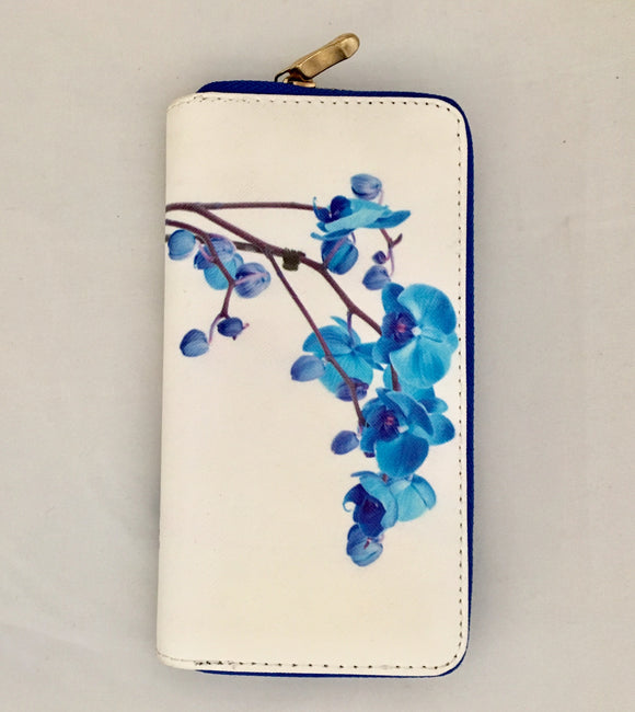 Cream with Blue Sweet Pea Design PU Leather Wallet