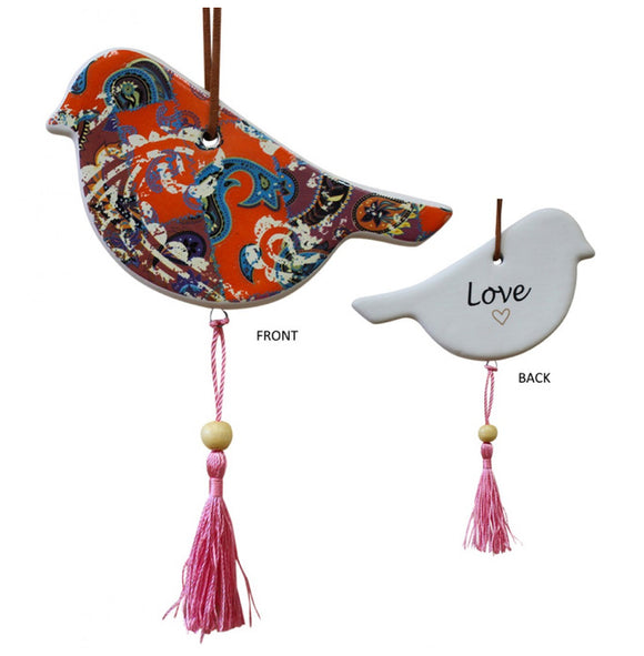 Ceramic Hanging Bird Multi Colour With Pink Tassels - Love