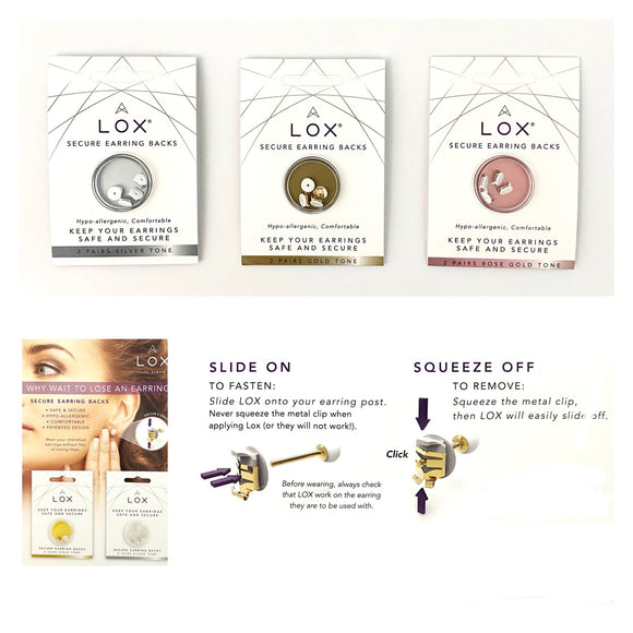 LOX Secure Earring Backs 2 Pairs Pack Gold/Rose Gold /Silver Hypo-Allergenic UK MADE