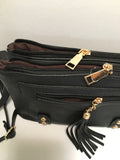 Black PU Leather Handbag with Tassels and Gold Accents
