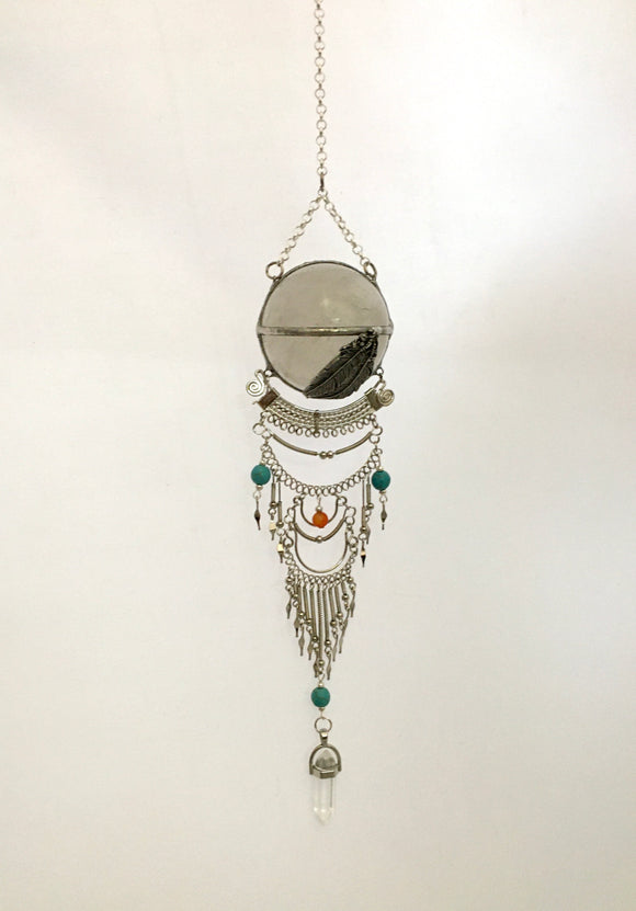 57mm Clear Quartz Sphere Energy with Turquoise, Agate and leafs Handmade Hanging Crystal Gemstones