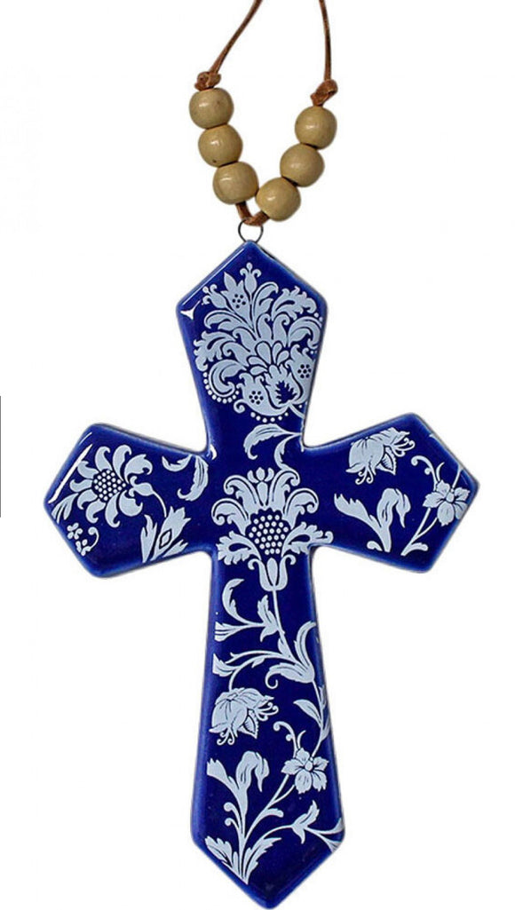 Ceramic Hanging Cross with Beads - Floret Navy